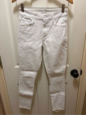 MOTHER The Looker Ankle Fray Jeans Glass Slipper White Raw Hem Skinny Size 25